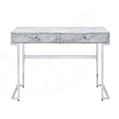 Rectangular Writing Mata with 2 Drawers, White Engineered Stone Top and Chrome Frame for Modern Home Office
