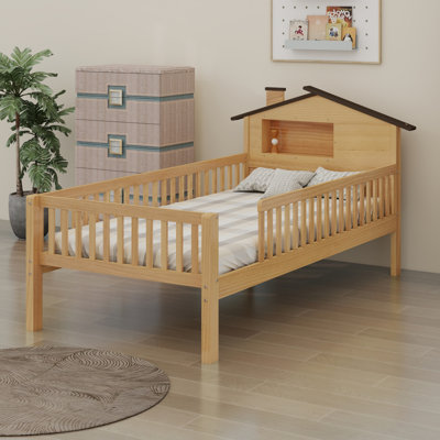 Lit plateforme en bois avec tête de lit en forme de maison, DEL et rangement intégré