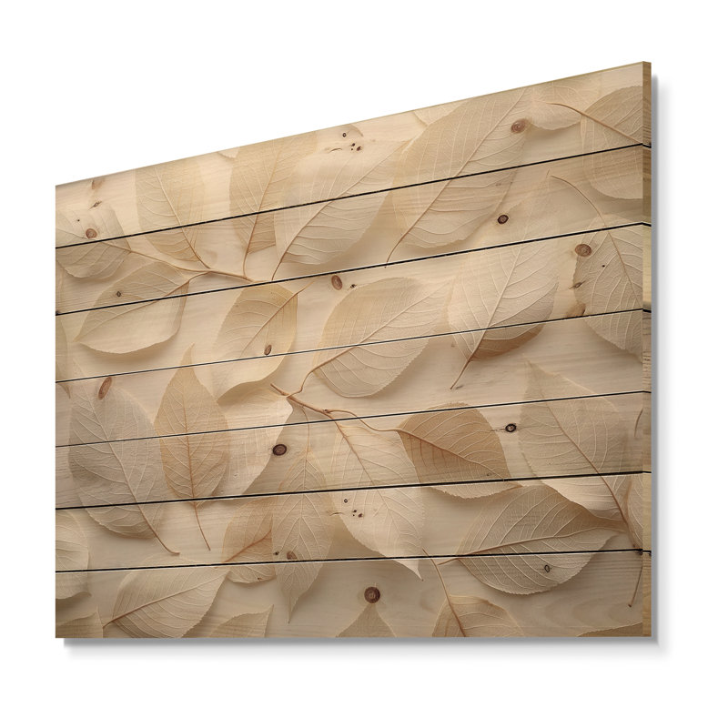 Ivory Leaves Foliage Collage III - Leaves Wood Wall Decor - On Natural Pine Wood, 24" H x 32" W