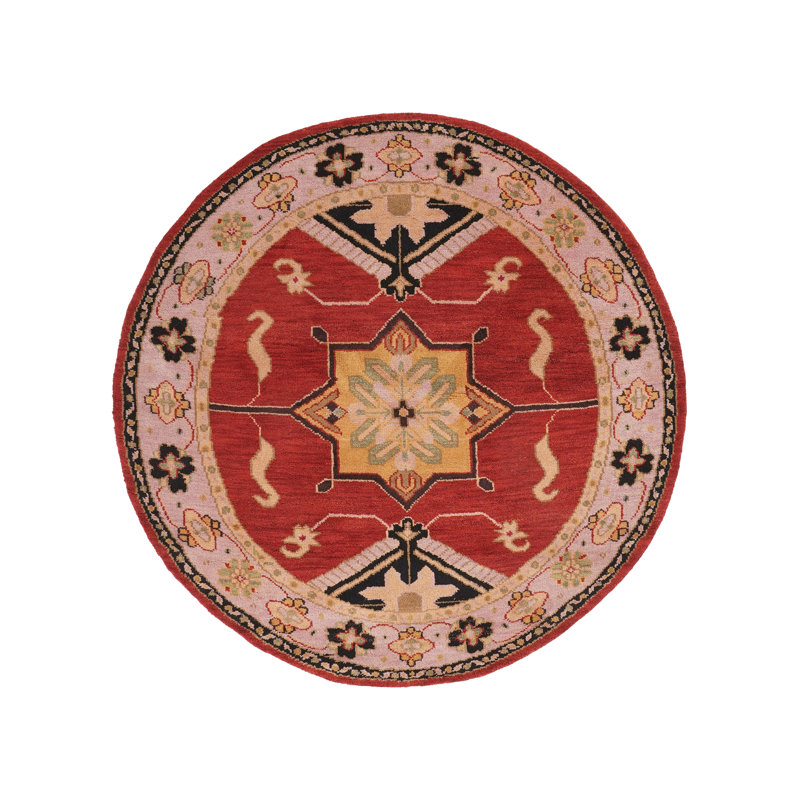 Rouge | Tapis d'intérieur beige rond en soie et laine beige noué à la main, Rond 4 pi