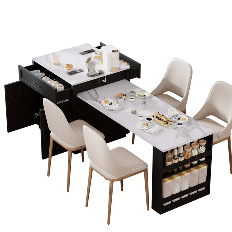 82.7 Inch Kitchen Island With Extendable Dining Table For 4-6 Person ,Two-Tone Kitchen Table With Double-Sized Storage, Black