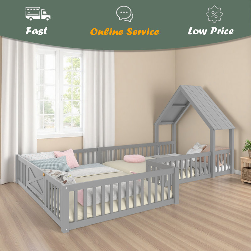 Lit maison, lit double avec porte et garde-corps pleine longueur, conception multifonctionnelle, Gris, Lit double