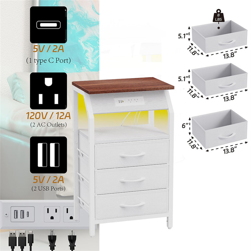 Drawer Side Table With Charging Station & LED Lights – Multifunctional Bedside Nightstand, White