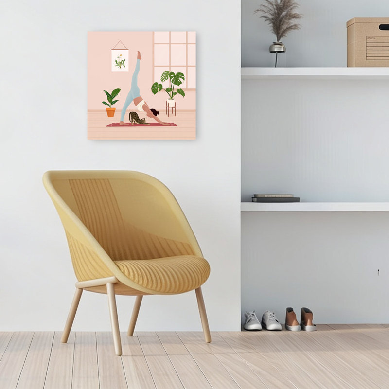Home Yoga with Cat Peaceful Contemporary Cat Dog Plant, art mural, 18" H x 18" W