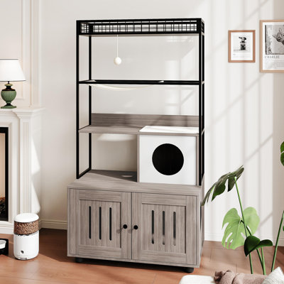 Enceinte de litière pour chat moderne cachée avec support de rangement - mobilier pour chat fermé, hamac, boules en sisal, tapis à gratter - maisonnette pour chat à plusieurs niveaux, gris