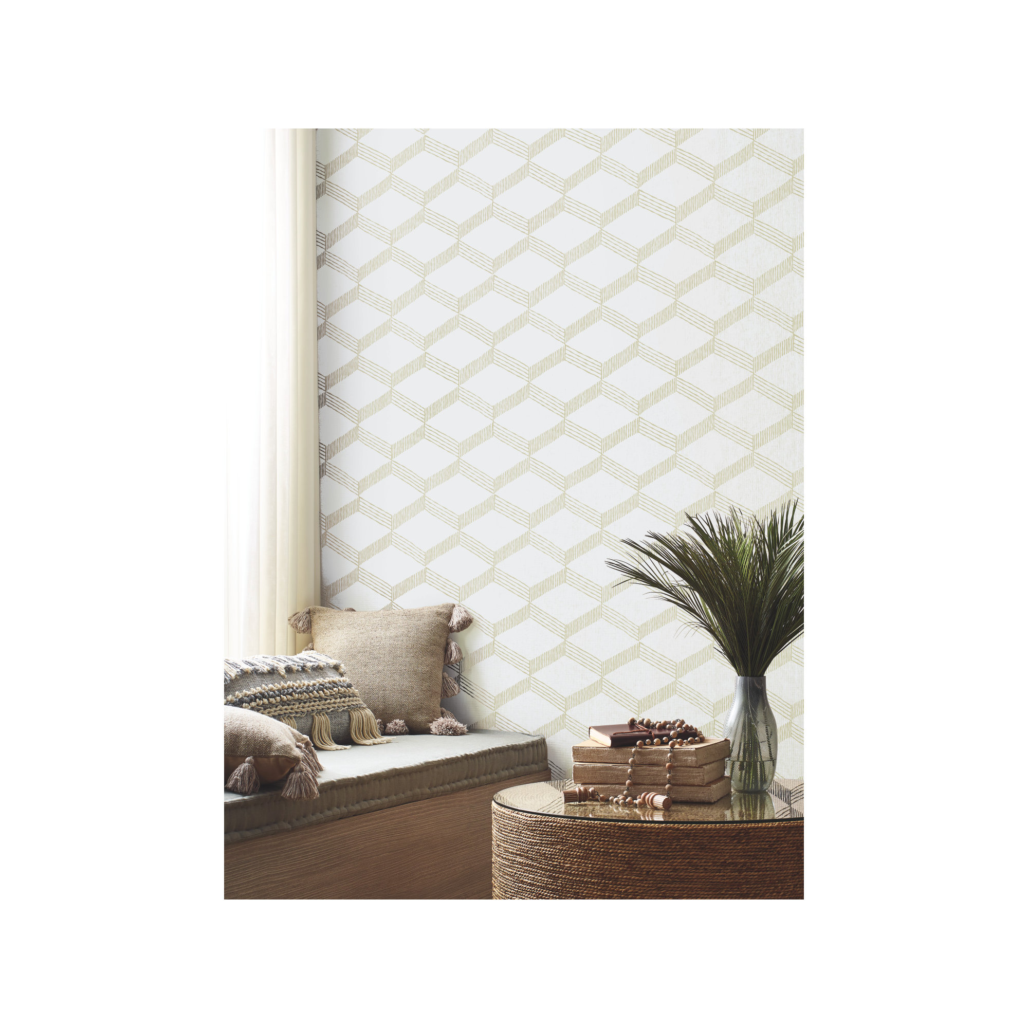 Aislin Mid-Century Geometric Wallpaper, Beige/White