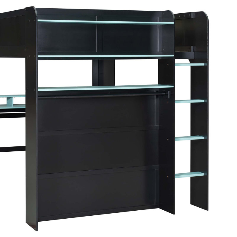 Lit double superposé en bois pleine grandeur avec bureau à hauteur réglable, garde-robe, grand espace de rangement et lumière RVB bleue