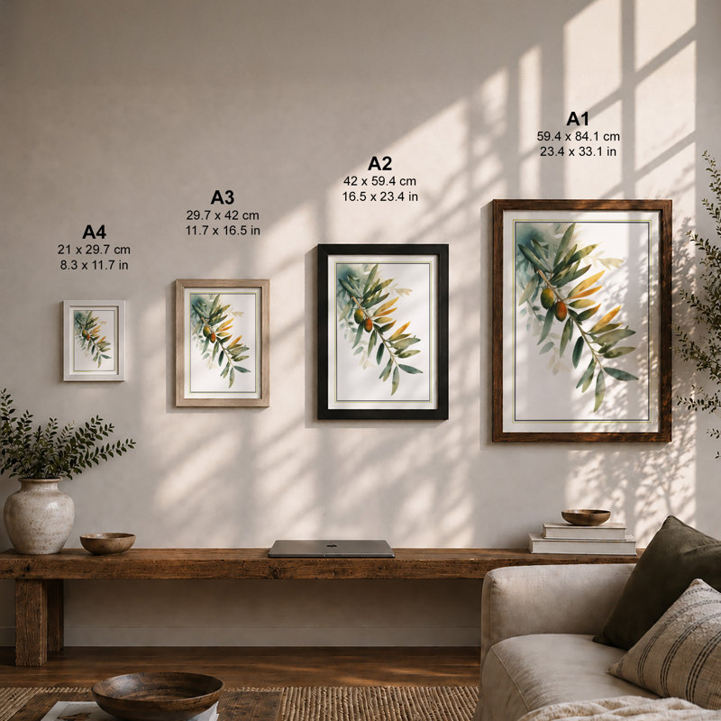 Olive Branch Botanical - Framed Print, A4 - 29.7 x 21.0 cm, Walnut