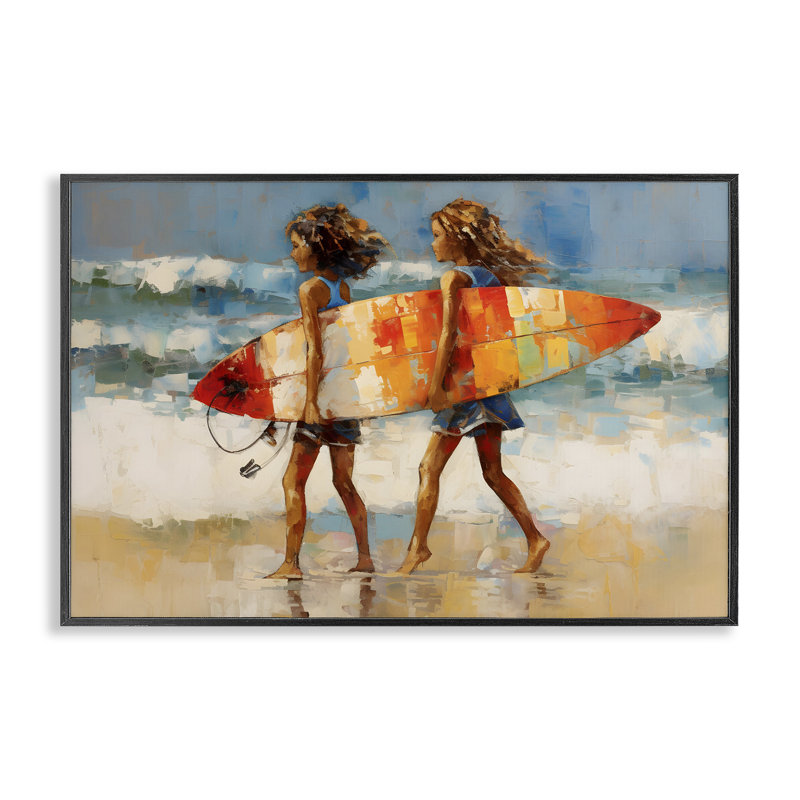 «Surfboard Kids Friends», art de la giclée encadrée par Petal Prints Design, Giclée encadrée noir minuit, H 12 po x l 18 po