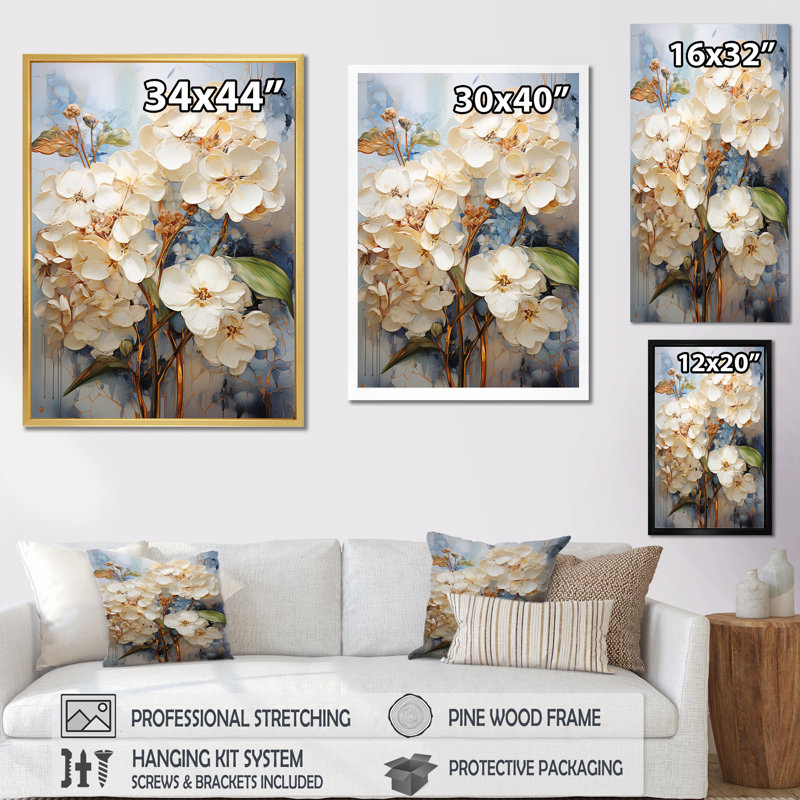 " Minimal Beige Hydrangea Grace I ", 20" H x 12" W x 1" D, White Floater Framed
