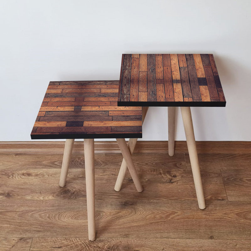 Modern Nesting Tables (2 Pieces), Brown, 13.8 x 18.5 x 13.8 in & 13.8 x 16.5 x 13.8 in | 100% MDF with Beech Wood Legs, Stylish Geometric Design | Perfect for Living Room, Office, and Small Spaces