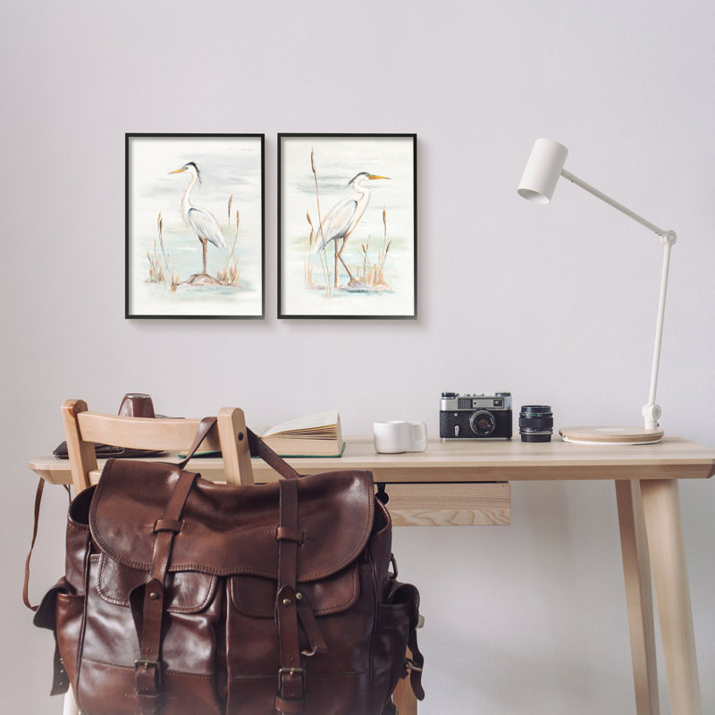 «Elegant Heron Birds Cattails Plants in Water» par Patricia Pinto - ensemble de 2 peintures, H 14 po x l 11 po x P 1,5 po