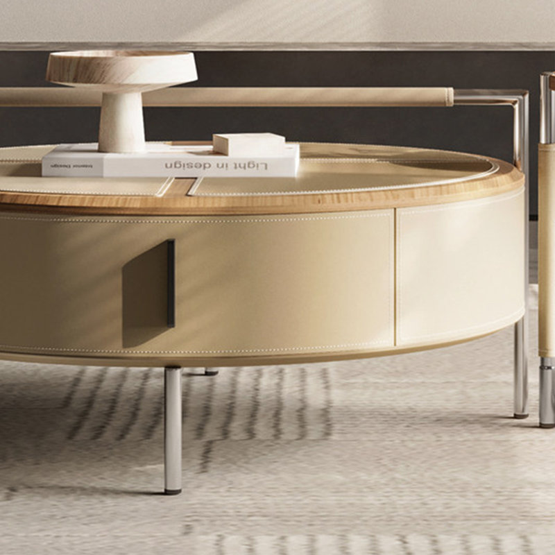 Italian round saddle leather coffee table set