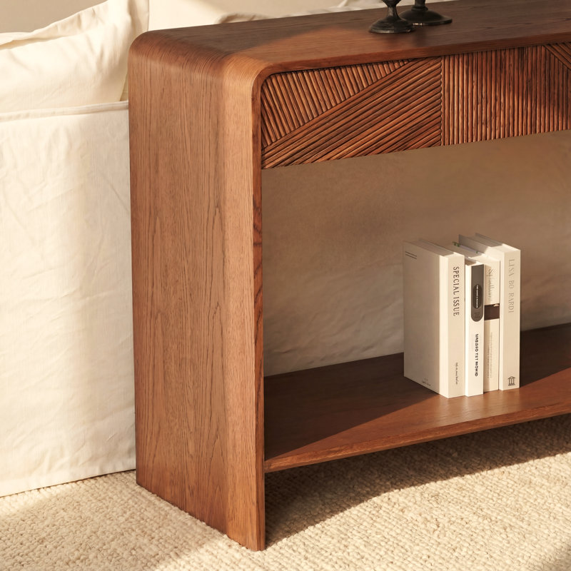 VISTA 60" White Oak Console Table with Sculpted Slat Detailing & Chevron Apron – Brown, Brown