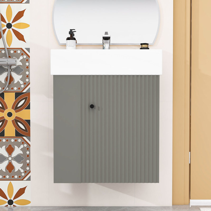 Meuble-lavabo moderne flottant avec porte à motif de vagues, lavabo en céramique et tablettes de rangement, Gris
