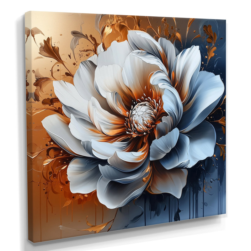 Fleur transitionnelle dorée abstraite I - art mural floral abstrait, H 30 po x l 30 po, Toile tendue, Ne s’applique pas