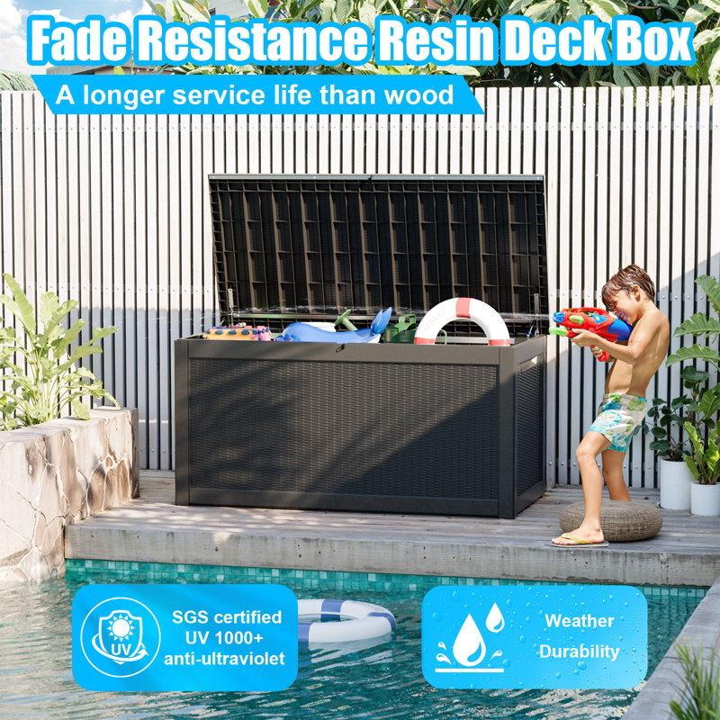 260 Gallon Deck Box, Waterproof Resin Large Outdoor Storgae Box For Patio Furniture, Black