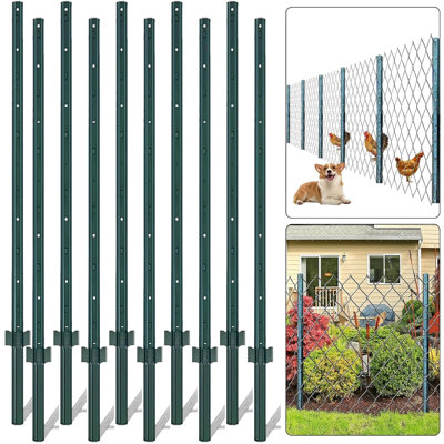 Piquets de clôture en T en métal robuste de 5 pi pour les terres agricoles - Poteaux en acier sans creusage U-Channel - Revêtement vert durable - Installation facile - Paquet de 10, 5 pi