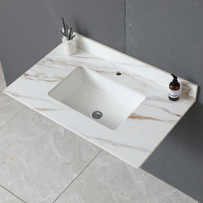 Plateau de meuble-lavabo en marbre, comptoir de salle de bain avec lavabo central encastré rectangulaire et dosseret, comptoir pré-percé, blanc de Carrare avec veines