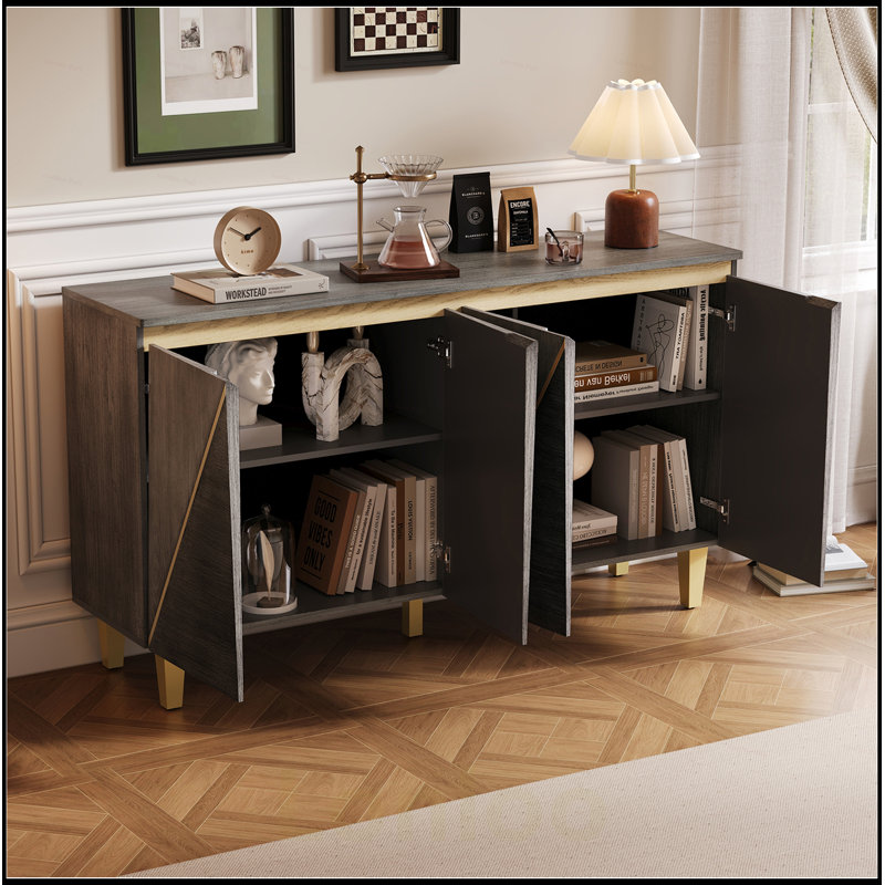 Retro Buffet Cabinet with Storage, 4-Door Vintage Sideboard with Dimensional Effect Doors and Adjustable Shelves for Versatile Use