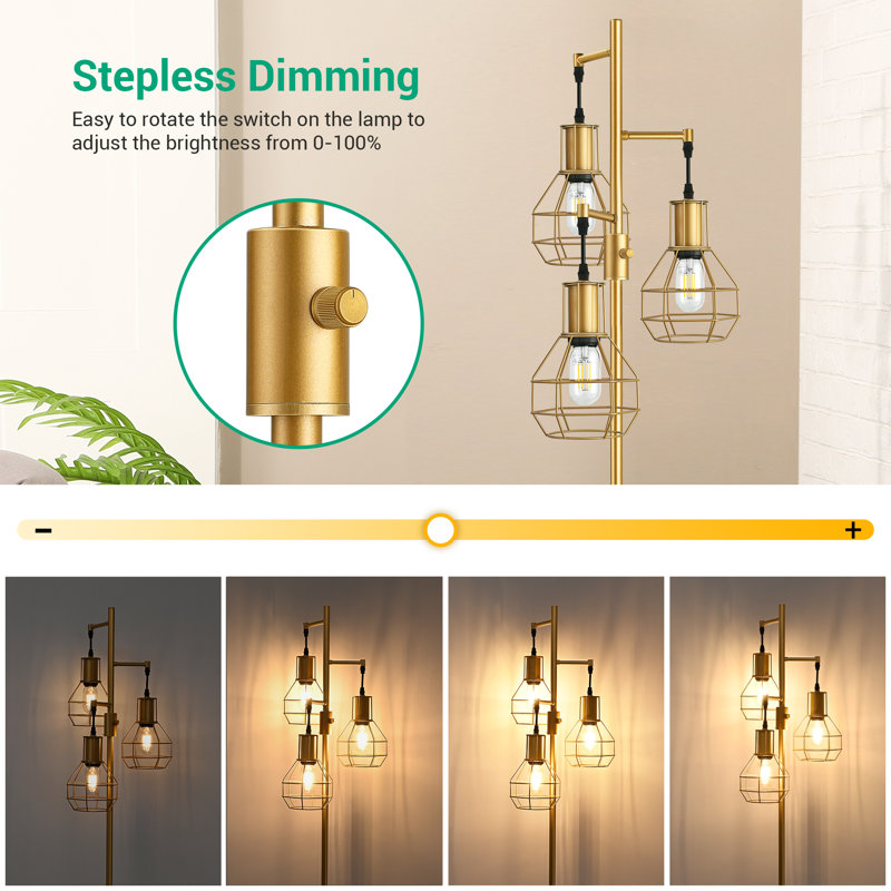 Zakaria 65" 3-Light Dimmable Tree Floor Lamp with 3 Bulbs, Gold