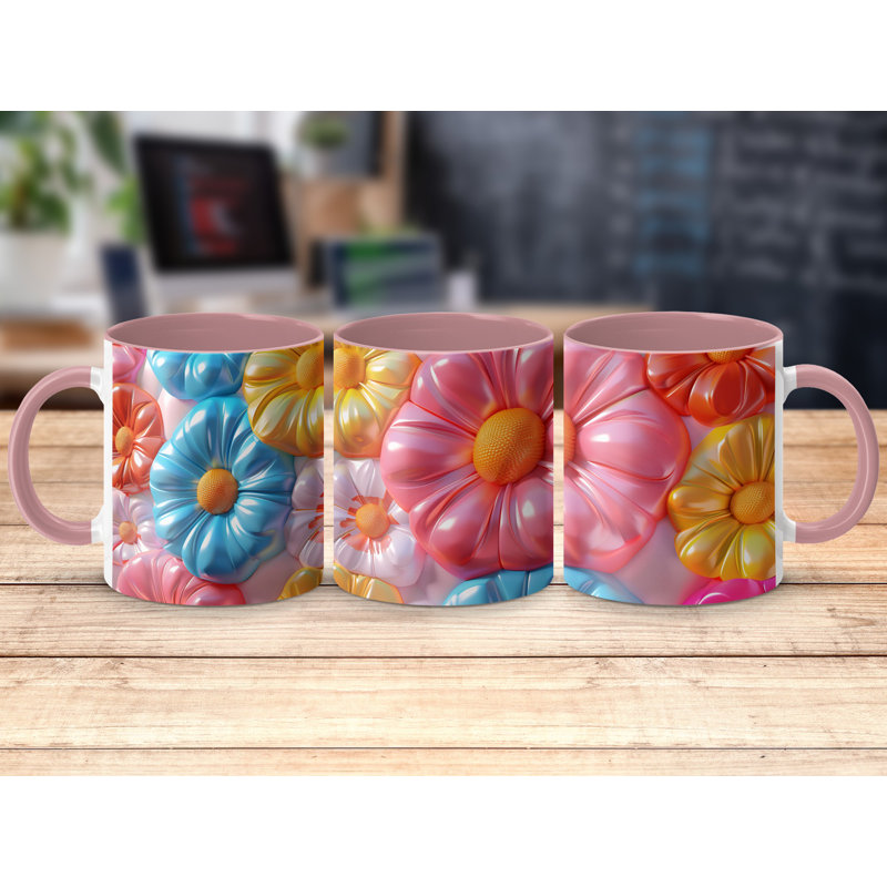 Set of 2 Colourful 3D Design 11oz Accent Mugs – White Ceramic Coffee Cups with a Pink Handle and Interior