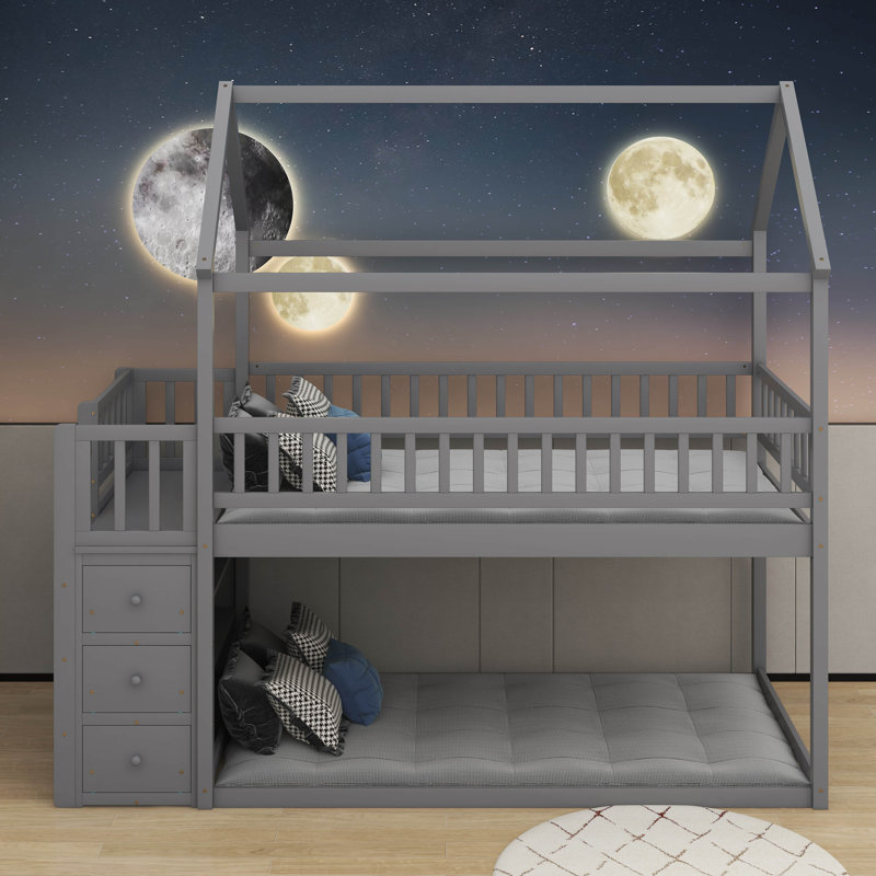 Twin Over Twin House Bunk Bed With Shelves And Drawers, Grey