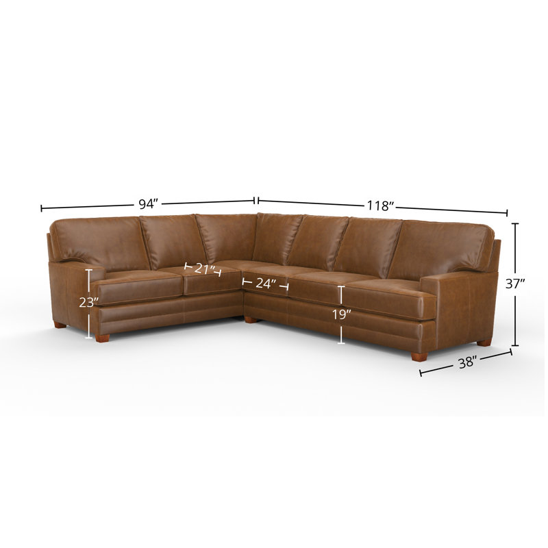 Lanier 3x2 100% Full Top Grain Leather Sectional, Steeplechase Cocoa Genuine Leather, Right Hand Facing