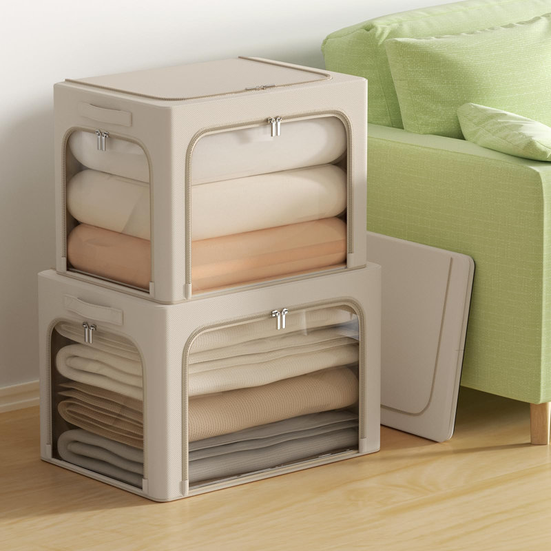 3Pack Clothes Storage Bins - Oxford Frame Storage Box Foldable Stackable Storage Organizer With 3 Openings Design, Metal Frame, Clear Window, Carry Handles (36L-15.7 * 11.8 * 11.8In, Beige)