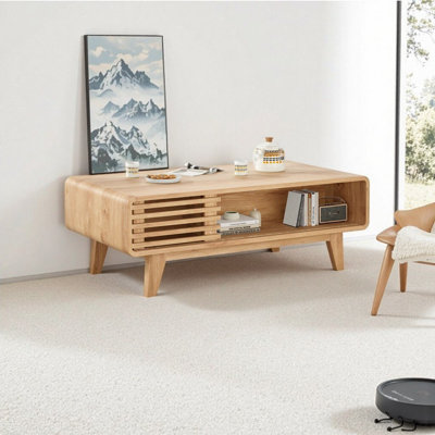 Table basse style Mid-Century moderne en bois avec rangement - fini naturel, L 43,7 po x l 23,6 po