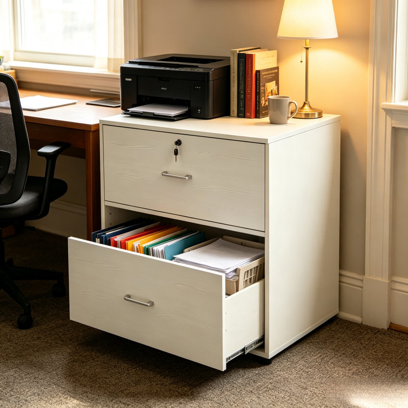 Classeur latéral à 2 tiroirs en bois blanc imitation bois avec serrure, meuble de rangement moderne pour documents format lettre/légal
