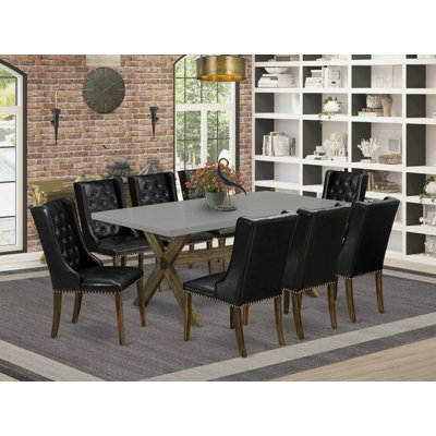 9 Piece Dining Set Includes a Rectangle Dining Room Table with X-Legs and 8 Black Faux Leather Upholstered Parson Chairs, Distressed Jacobean