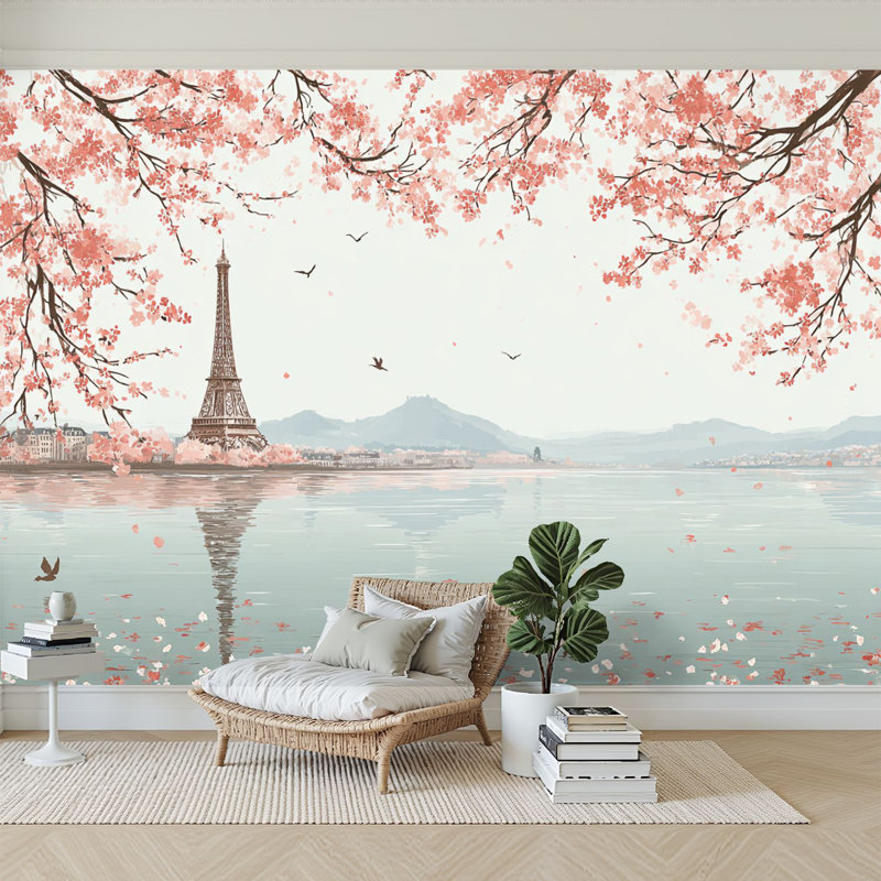 Peel and Stick Wallpaper 96" W x 69" H Modern Self Adhesive Wall Mural for Bedroom Paris Eiffel Tower Cherry Blossom Branches Birds River Mountains