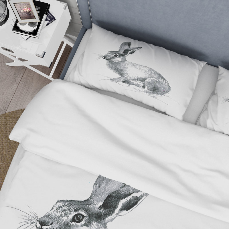 Portrait monochrome de lapin - ensemble de housse de couette Farmhouse - microfibre de polyester
