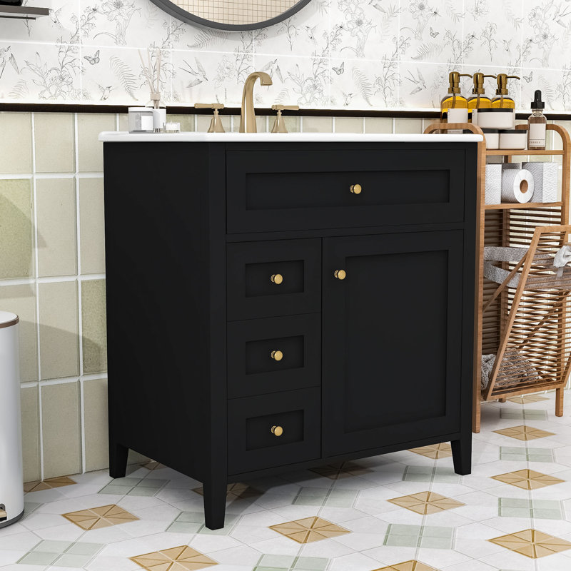 Meuble-lavabo moderne compact avec lavabo en céramique, tiroirs de rangement et tablette réglable, Noir