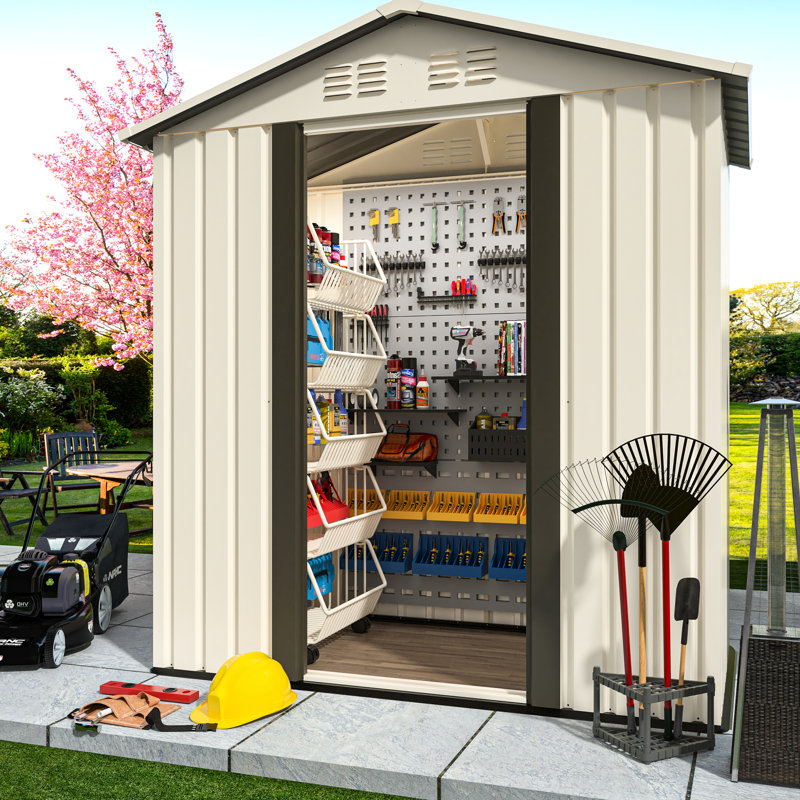 Cream White 5Ftx3ft Outdoor Garden Tool Shed With Apex Roof, New Design Combining Color Scheme, Aluminum Alloy Frame For Rust - Proof Structure, Ventilated To Reduce , Overlapping Wall Panels