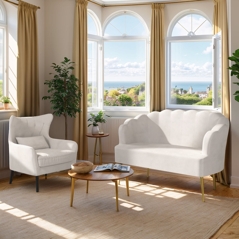 Causeuse 2 pièces en velours doux moderne avec fauteuil d'appoint, Beige