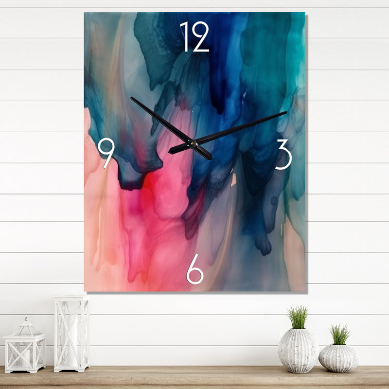 Horloge murale abstraite bleue et rose, H 32 po x l 16 po x P 1 po