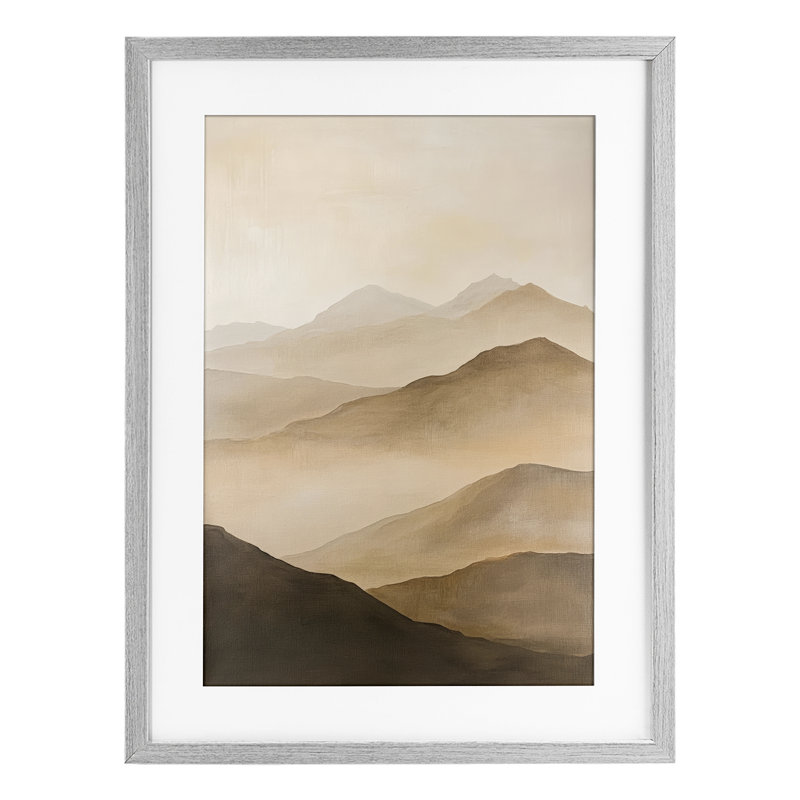 «Moody Mountains Foggy Landscape», reproduction d'art sous verre encadrée par Petal Prints Design, Cadre de ferme gris