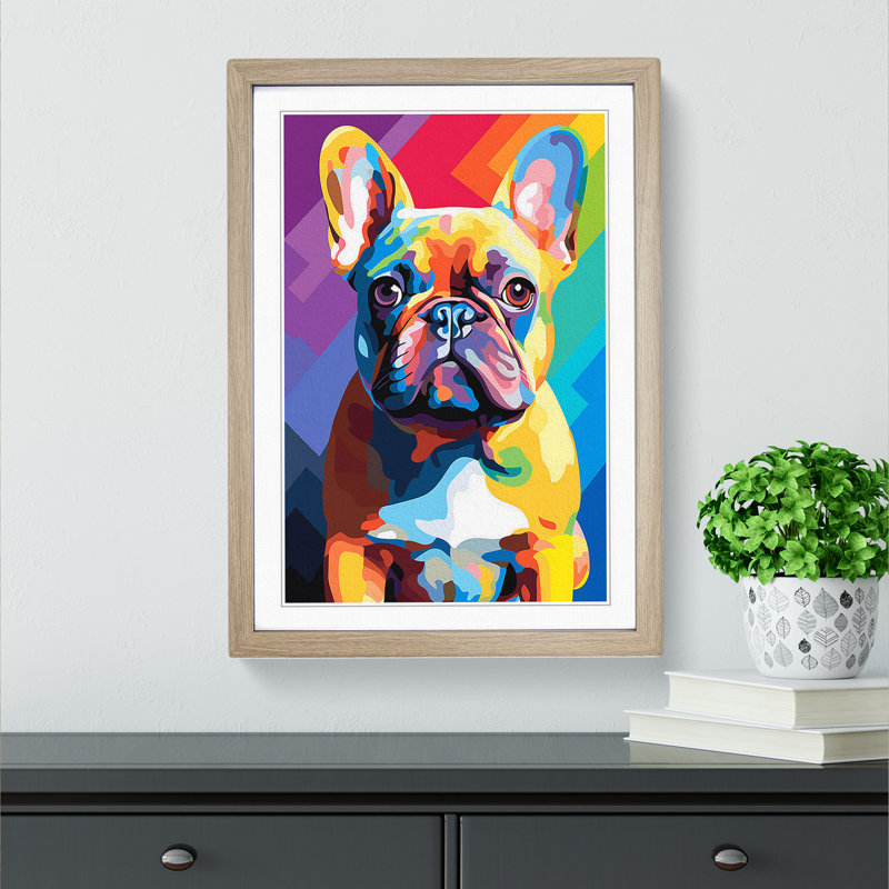 French Bulldog Colour Field - Single Picture Frame Print on Wood, Oak, 46cm H x 34cm W x 2cm D