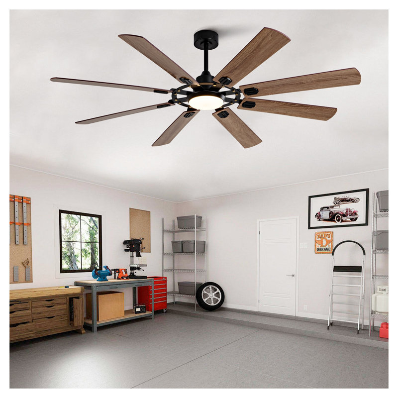 72-Inch Large Ceiling Fan with Light and Remote - Modern 8-Blade Outdoor Indoor DC Motor Fan, Dimmable Reversible Black & Walnut Wood Finish