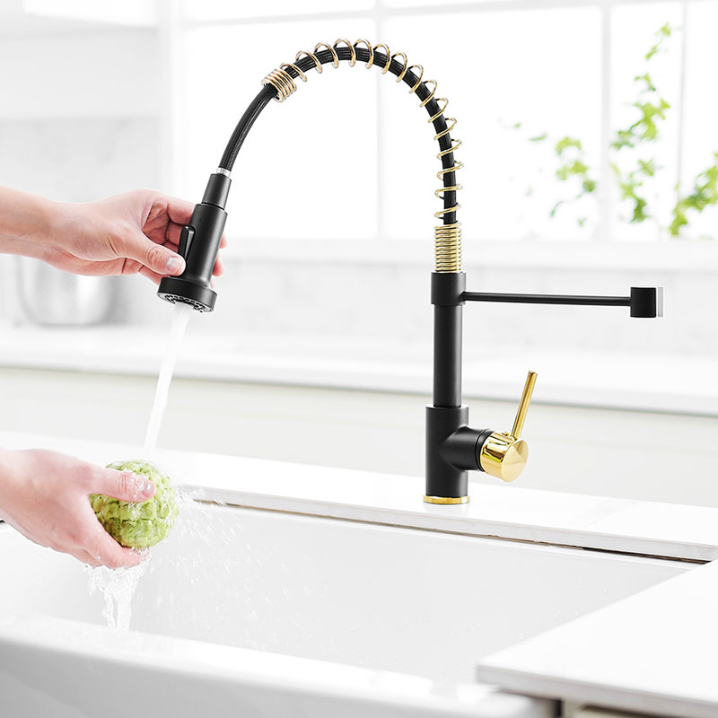 Single Handle Pull Down Kitchen Faucet, Black And Gold Color, Contemporary Style, High Arch Spout 360-Degree Rotation, Surface