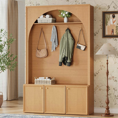 Farmhouse Hall Tree with Adjustable Shelves, Storage Bench & 3 Cabinets, Natural Teak