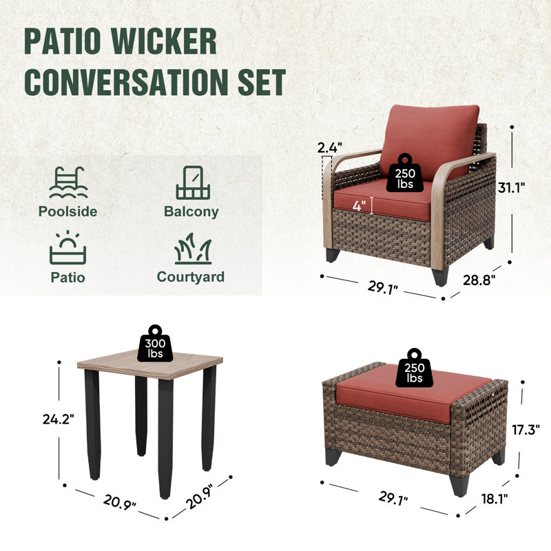  Ensemble de conversation d'extérieur avec repose-pieds en osier brun et grain de bois, Rouge, Oui