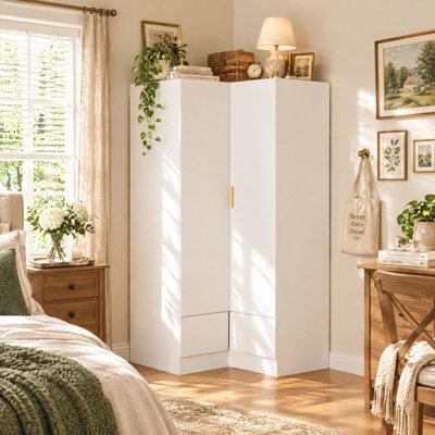  35.4'' W x 35.4'' D L-Shaped Corner Wardrobe with 2 Doors, 2 Drawers, Hanging Rods & Anti-Tip Kit