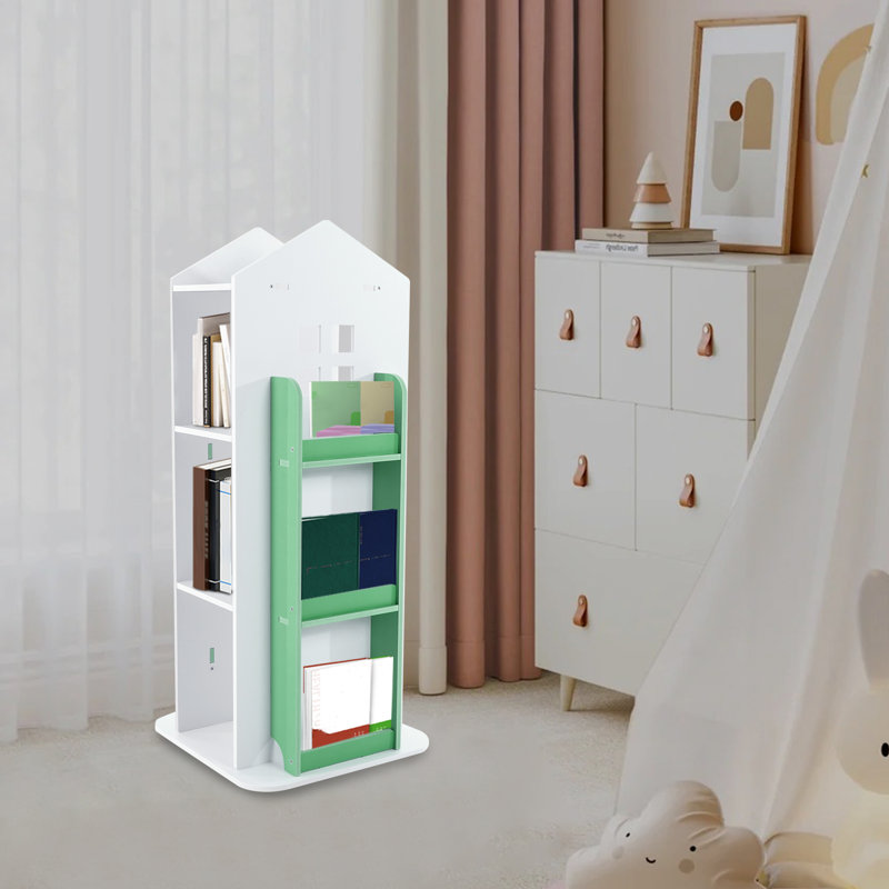 360° Rotating Bookshelf, 3 Tiers Corner Shelf, For Bedroom, Living Room, White/Green