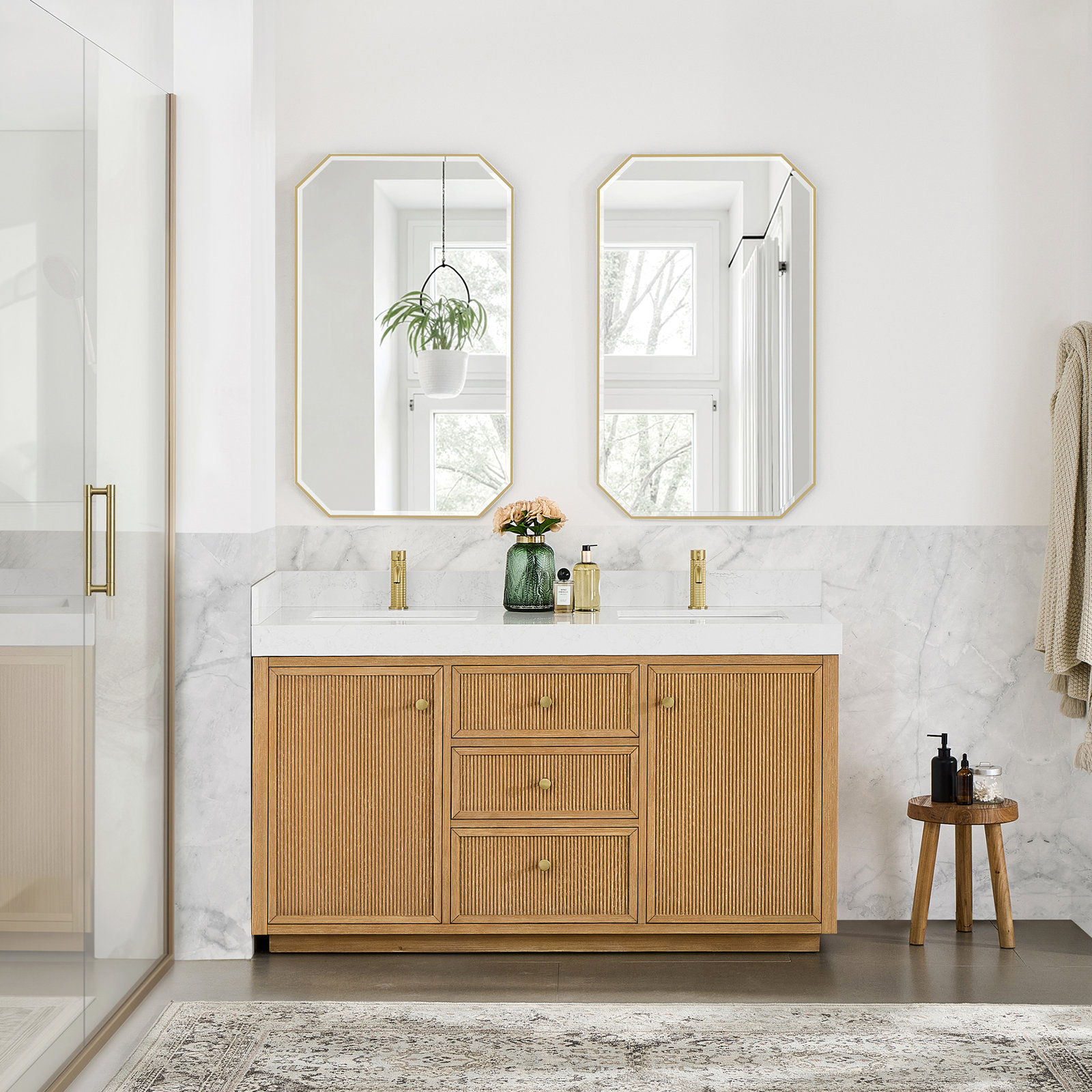 Thea 60" Double Sink Bath Vanity with White Grain Composite Stone Top, Fir Wood Brown