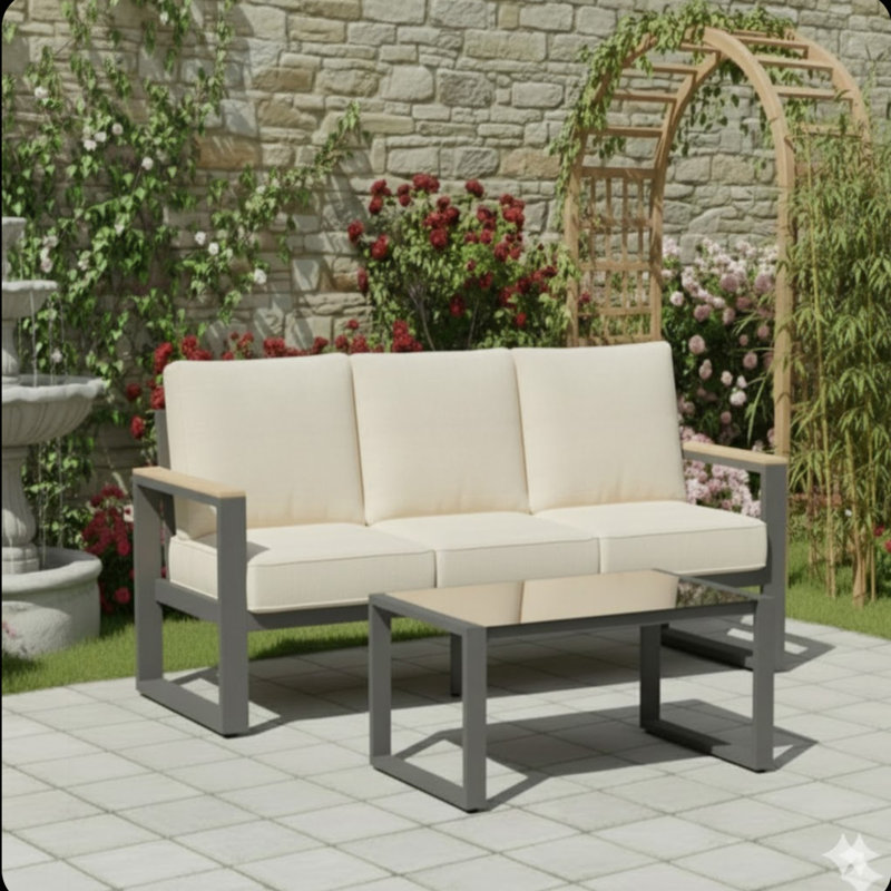 2-Piece 3-Seat Outdoor Sofa Couch Set, 75" All-Weather 3-Seat Aluminum Patio Sofa With Thick Beige Cushions  & 44" Glass Coffee Table