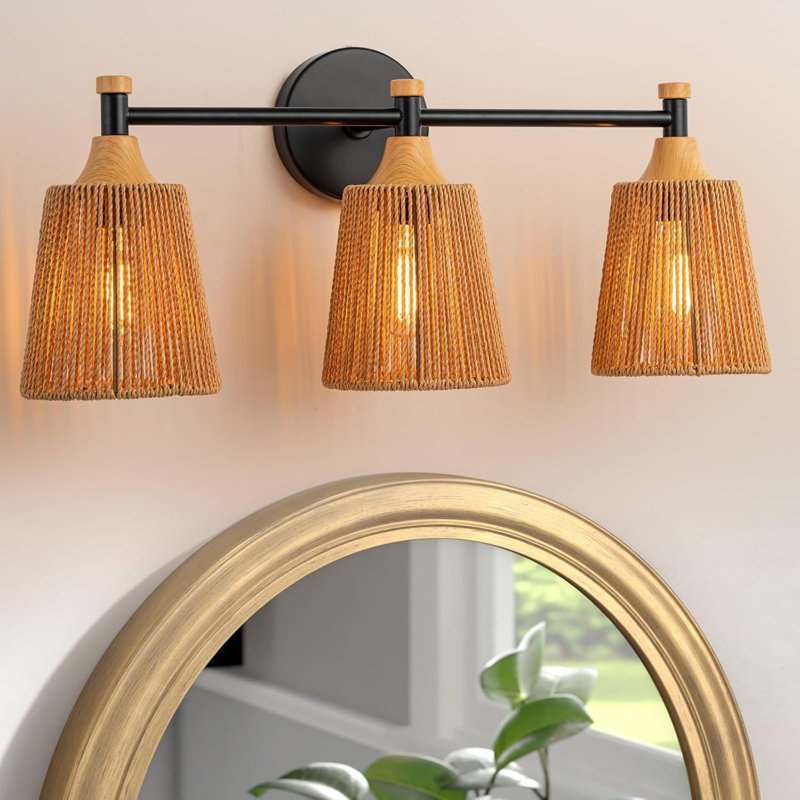 Boho Vanity Light Fixture With Rattan Shade 3-Light Bathroom Sconce Over Mirror Rustic Woven Wicker Lighting For Bedroom Kitchen Hallway