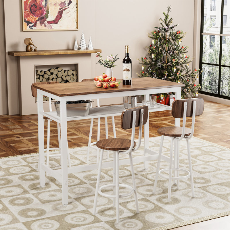 Ensemble de table de bar moderne à hauteur de comptoir 5 pièces avec structure en métal robuste, Brun / Blanc